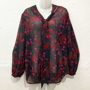Cabi Top Blouse Black Multi Floral Long Balloon Sleeve Sheer Tie Front M/M